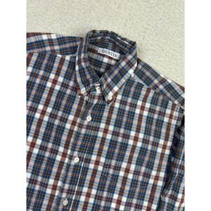 Gustin Shirt Mens Small Blue Brown Plaid 100% Cotton Long Sleeve Button Up USA